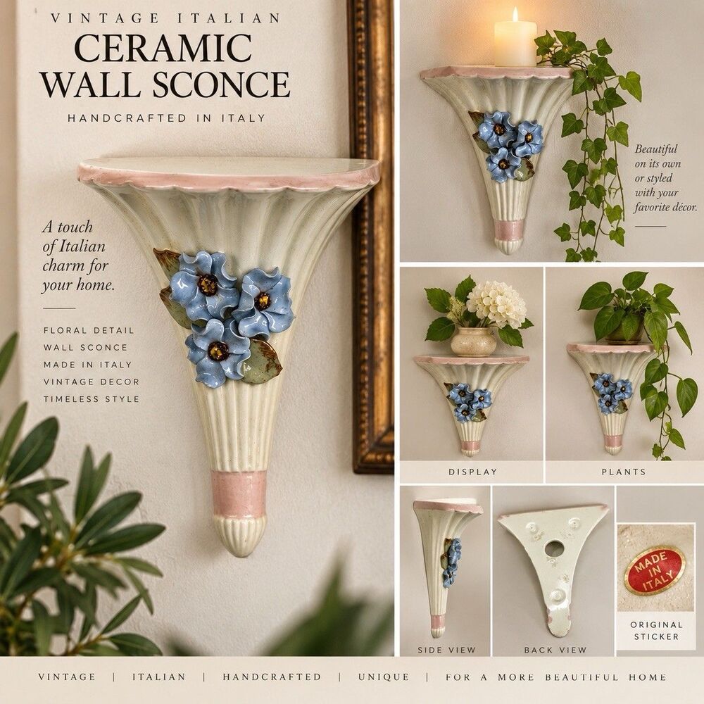 Vintage Ceramic Wall Sconce Shelf Blue Flowers Pink Trim